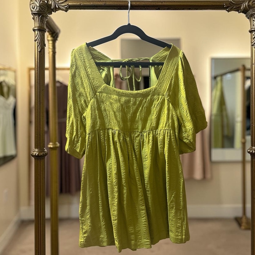 Free People Gigi Blouson Puff Sleeve Tunic Dress Medium Chartreuse Boho Pockets - Picture 7 of 12